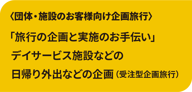 「旅行の企画と実施のお手伝い」
デイサービス施設などの
日帰り外出などの企画
(受注型企画旅行)